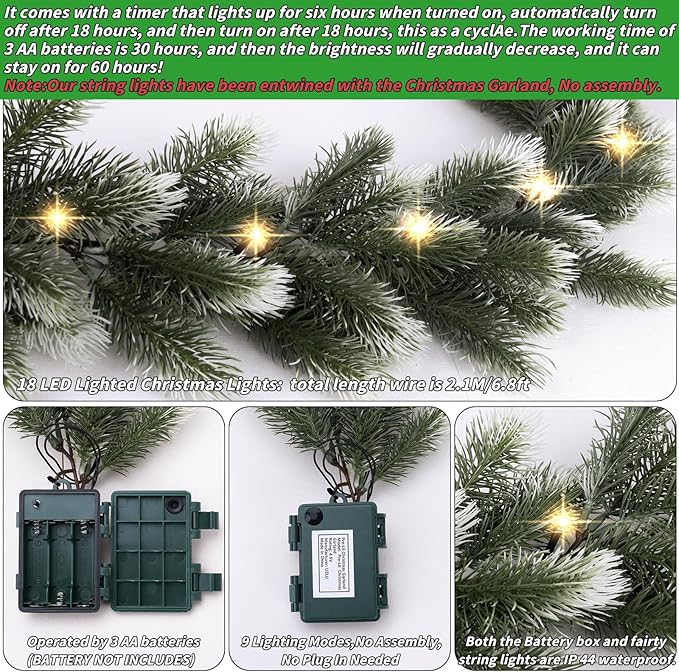 3 Pack Pre Lit Snow Flocked Christmas Garland 5.9 ft Artificial Christmas Garland with Warm White LED Light and Timer Frosted Faux Pine Winter Garlands for Home Indoor Outdoor Mantel Seasonal Decor