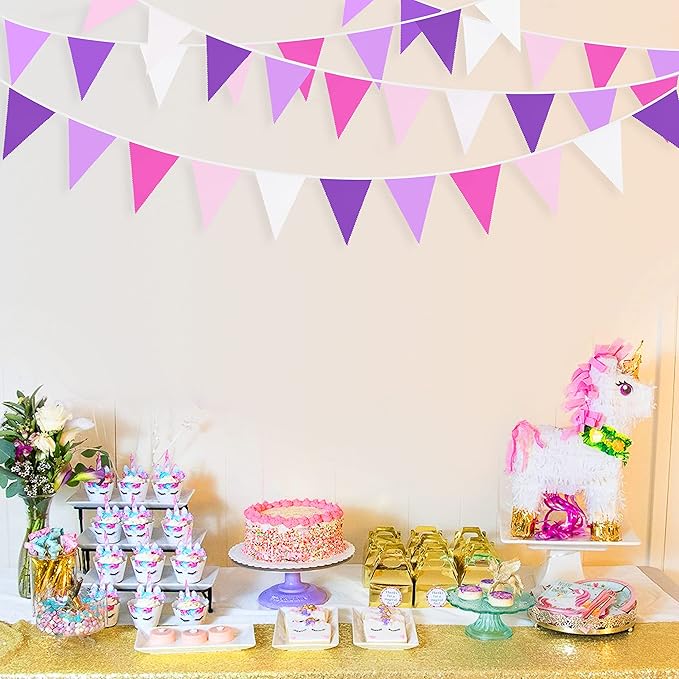 10M/32Ft Rose Pink Purple White Pennant Banner Fabric Triangle Flag Bunting Garland for Baby Shower Birthday Wedding Anniversary Party Home Nursery Outdoor Garden Hanging Festivals Decorations