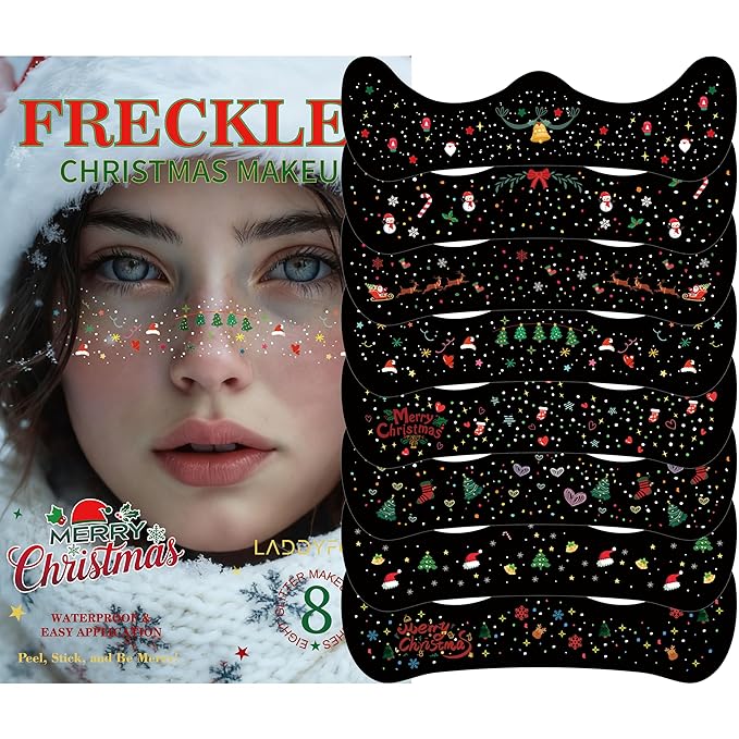 8 Pcs Christmas Face Temporary Tattoos, Ren Green and White Glitter Freckles Face Tattoo for Kids and Women, Waterproof Christmas Accessories Face Makeup for Party Supplies