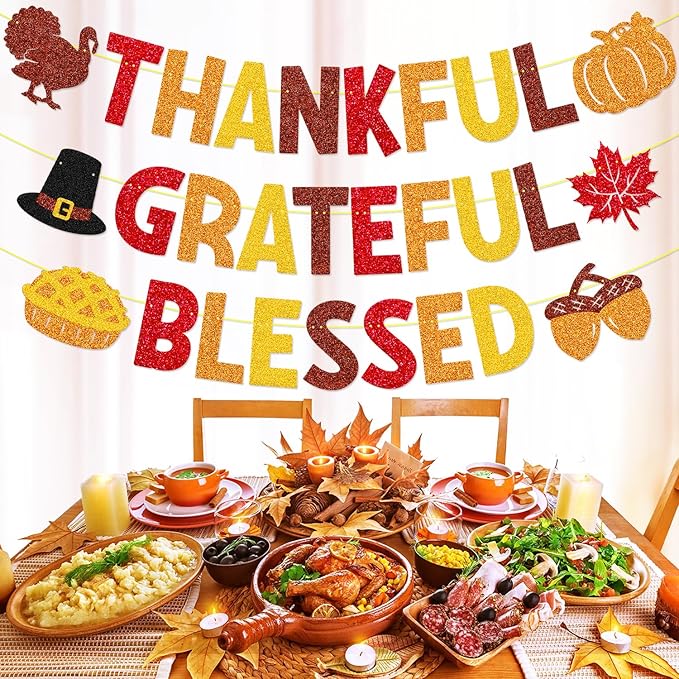 Thankful Grateful Blessed Banner Thanksgiving Party Decorations Autumn Turkey Pumpkin Maple Leaves Happy Fall Friendsgiving Harvest Day Party Supplies