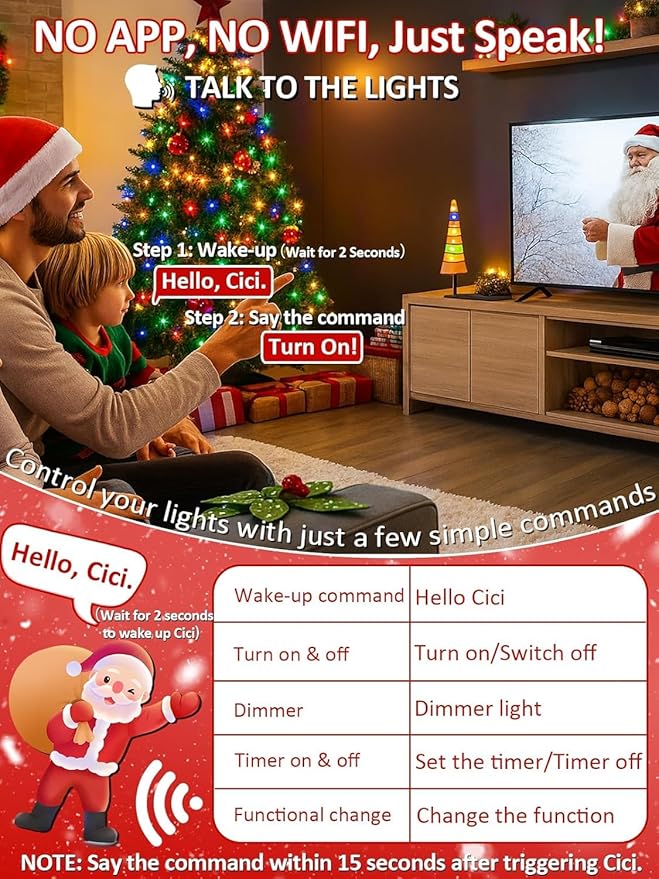 Voice Controlled Smart Christmas Lights Outdoor, 108.8ft 300 LED Twinkle String Light with 7 Voice Commands, 12 Modes & Timer, Dimmable Waterproof Christmas Tree Lights for Party Garden (Multicolor)