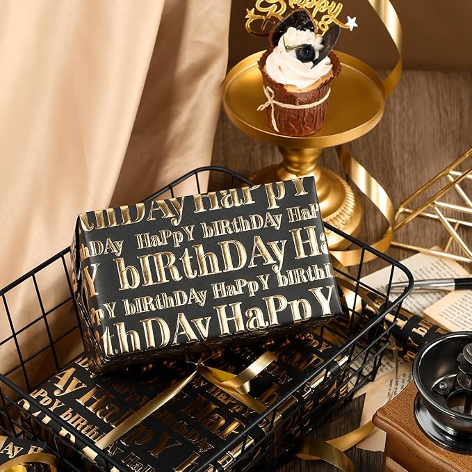 WRAPAHOLIC 3D Kraft Birthday Wrapping Paper Roll - Mini Roll - 17 Inch x 16.5 Feet - Gold and Black Happy Birthday Lettering Design with Embossed Perfect for Holiday, Party Celebration
