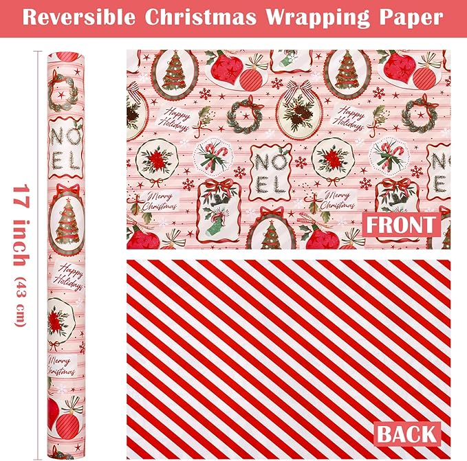 WRAPAHOLIC Reversible Christmas Wrapping Paper - Mini Roll - 17 Inch x 33 Feet - Pink & Red Classic Christmas Decor and Stripes Wrapping Paper for Xmas Holiday, Party Celebration