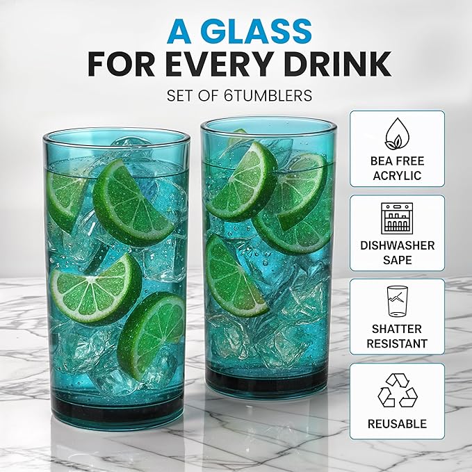 Zulay Kitchen Acrylic Glasses Drinkware - 6 Piece Unbreakable Plastic Tumblers - BPA-Free, Reusable Plastic Drinking Glasses for Home & Outdoors - Lead-Free & Dishwasher Safe - Turquoise - (24oz)
