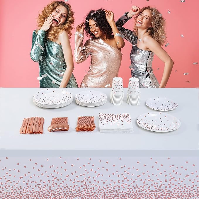 Rose Gold Dot and White Tablecloth 108"x54" for Parties Rectangle Table 4 Packs, Dot Confetti Rectangular Plastic Table Cover,Thanksgiving Christmas Wedding, Anniversary,Baby Shower, Birthday Party