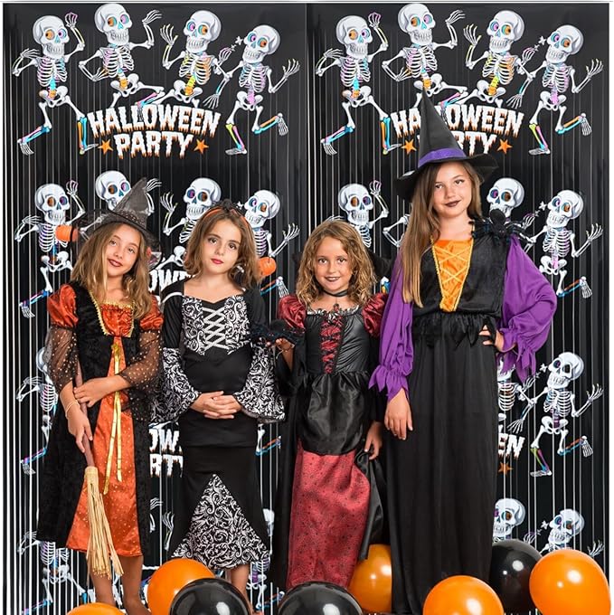 GOER Foil Curtain Backdrop for Halloween Party Decorations| Metallic Tinsel Halloween Theme Photo Booth Props (2 Pcs)