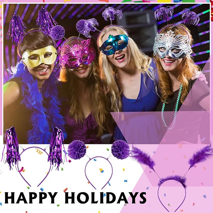 Censen 24 Pcs Pom Pom Headband Tinsel Wrapped Ponytails Head Bopper Costume Headwear Halloween Party Hair Accessories