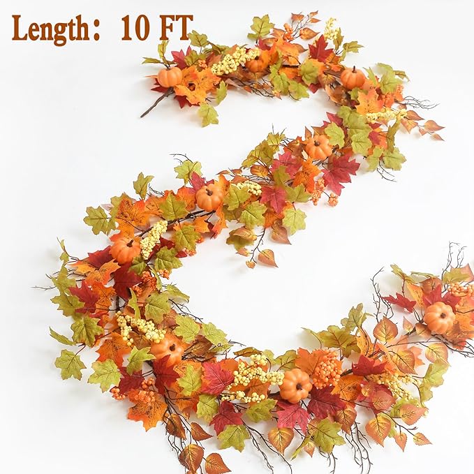 MIZII Fall Decor Artificial Maples Leaf Pumpkin Garland 10FT Autumn Maple Vines Garland Thanksgiving Halloween Harvest Decorations for Home Porch Mantle Fireplace Farmhouse Outdoor Indoor (10FT,Maple)