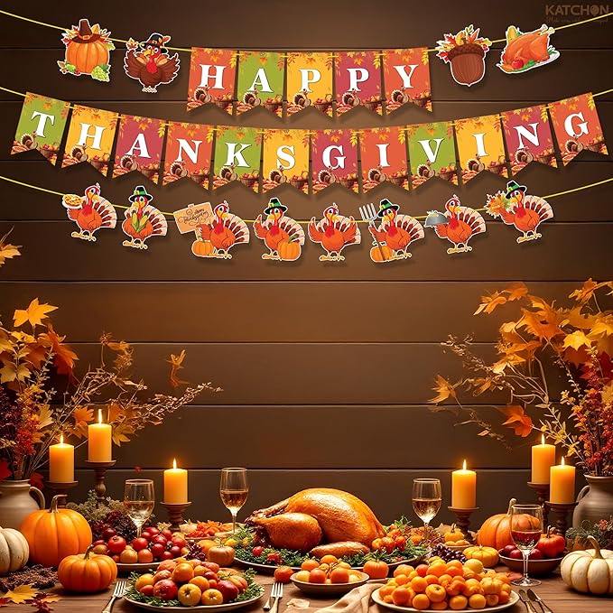 KatchOn, Happy Thanksgiving Banner - 10 Feet, No DIY | Pumpkin Turkey Decorations, Thanksgiving Decorations Indoor, Outdoor, Home | For Fall Decor, Harvest Decoration, Party Supplies