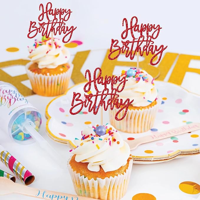 24 PCS Glitter Cupcake Toppers - Happy Birthday & Anniversary Picks - Red