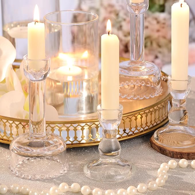 Circle Candlestick Holders Bulk, 6 Pcs Clear Combination Candle Holders Set, Crystal Candle Holders for Wedding, Table Centerpiece, Home Decoration