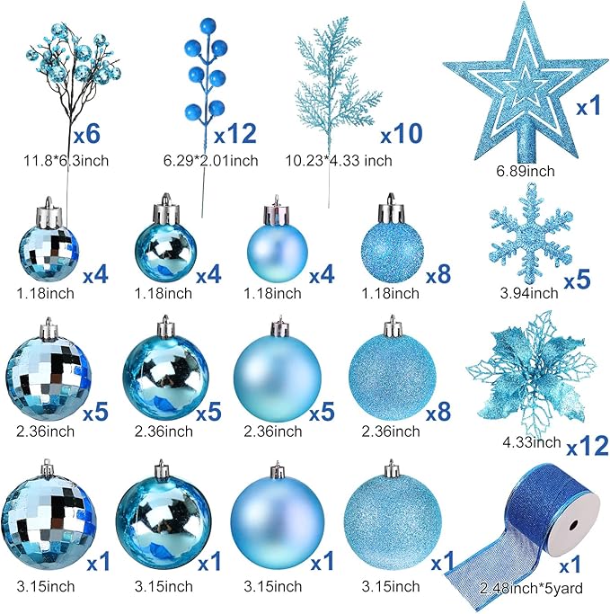 Sratte 94 Pcs Christmas Tree Decorations Set, Christmas Tree Ball Ornaments Glitter Poinsettia Flowers Decorations Glitter Berries Stems for Xmas Holiday Wedding(Blue)