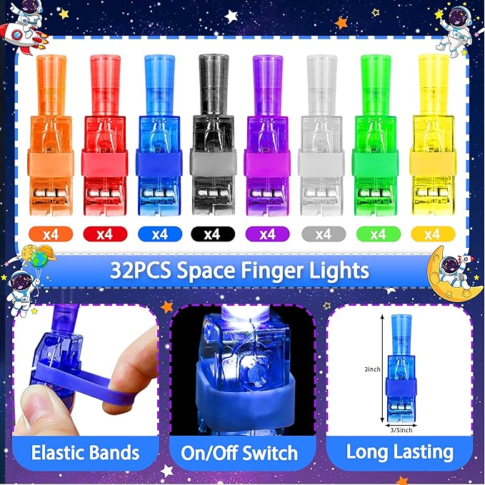 32 Pcs Finger Lights Space Theme Party Favors for Kids, Glow in the Dark Light Up Party Supplies Astronaut Toys Gifts Bulk for Boy Girl Birthday Goodie Bags Stuffers Back to School Classroom Prizes