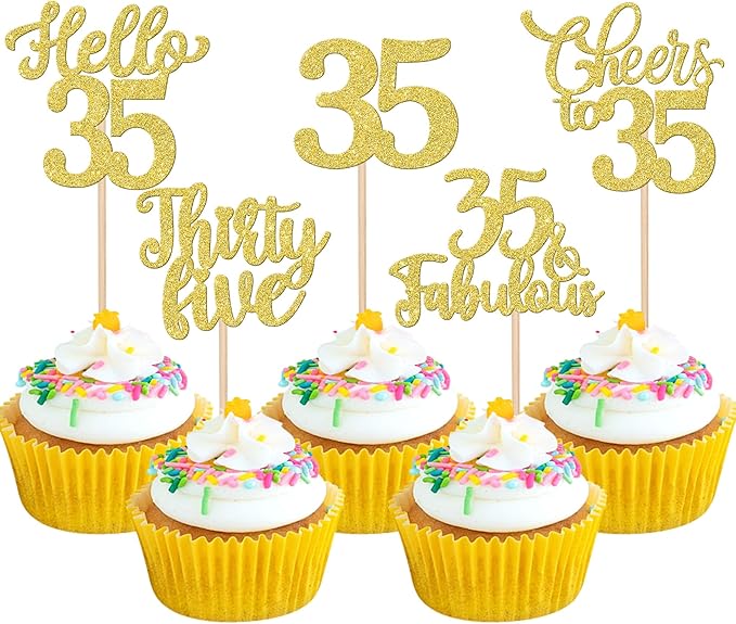 30PCS Happy 35th Birthday Cupcake Toppers Glitter Hello 35 Fabulous Thirty Five Cheers to 35 Years Old Birthday Cupcake Picks for Happy 35th Birthday Anniversary Party Cake Decor Supplies Gold