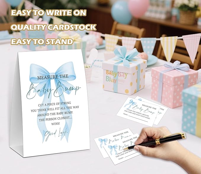 Blue Bow Measure the Baby Bump Game, Baby Shower Game, Include One 5×7 Sign and 50 Guessing Cards, Blue Coquette Bow Gender Reveal Party Decoration Supplies - FI02