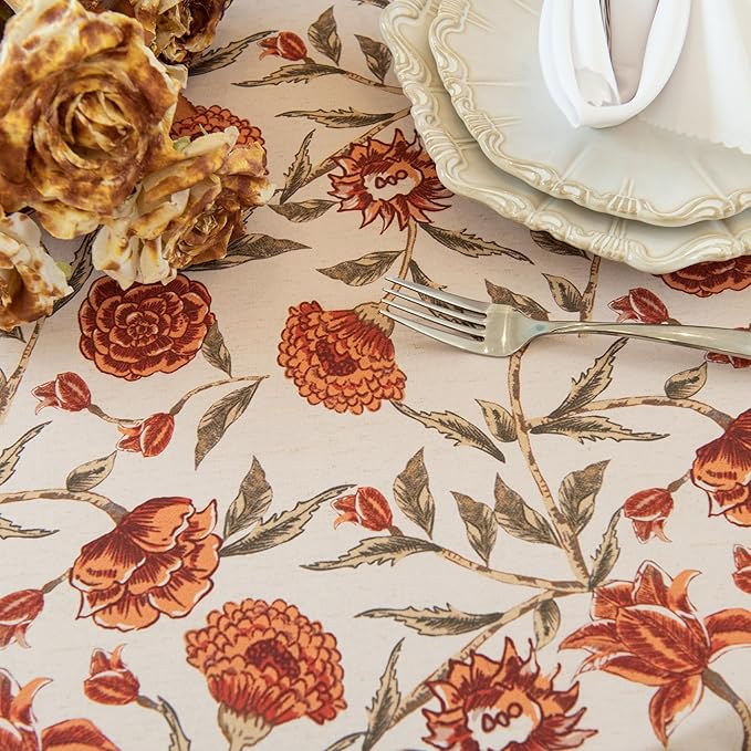Valentine's Day Tablecloth 60" Round, Red Floral Waterproof Round Tablecloth Vintage French Style Home Decor, Elegant Floral Design, Stain Resistant, Perfect for Dining & Kitchen