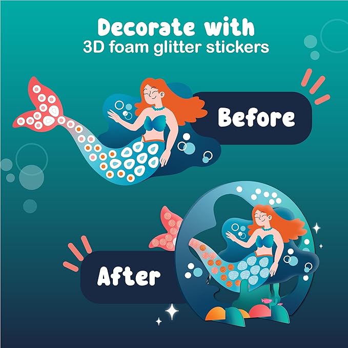 BINCA Foam Sticker Mosaic Art Activity, 750+ 3D Glitter Foam Stickers, 5 Underwater Animals with Display Arch, Christmas Stocking Stuffers, DIY Mess-Free Activity, Gifts for Boys & Girls Ages 5,6,7,8