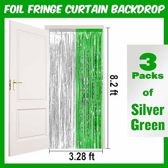 3 Pack Silver Green Foil Fringe Curtains Backdrop, 3.28 x 8.2 Ft Metallic Streamers Tinsel Curtains Background for Photo Booth, Birthday, Christmas, Halloween, New Year Party Decorations