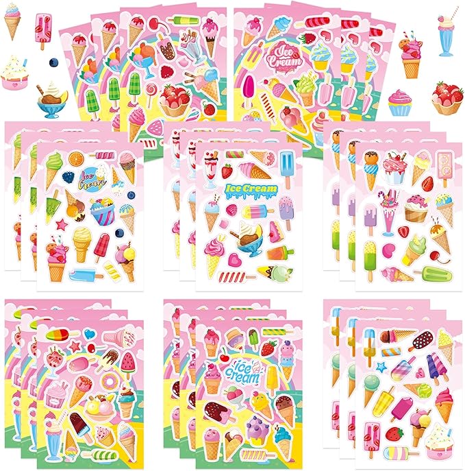 24 Sheets Ice Cream Stickers for Kids, 450Pcs Summer Stickers Bulk Preschool Sticker Sheets for Reward Craft Scrapbooking Water Bottles Gifts Bags Cards Decor