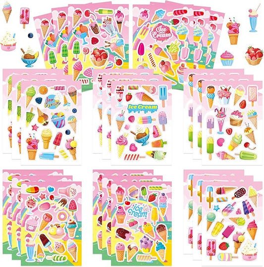24 Sheets Ice Cream Stickers for Kids, 450Pcs Summer Stickers Bulk Preschool Sticker Sheets for Reward Craft Scrapbooking Water Bottles Gifts Bags Cards Decor