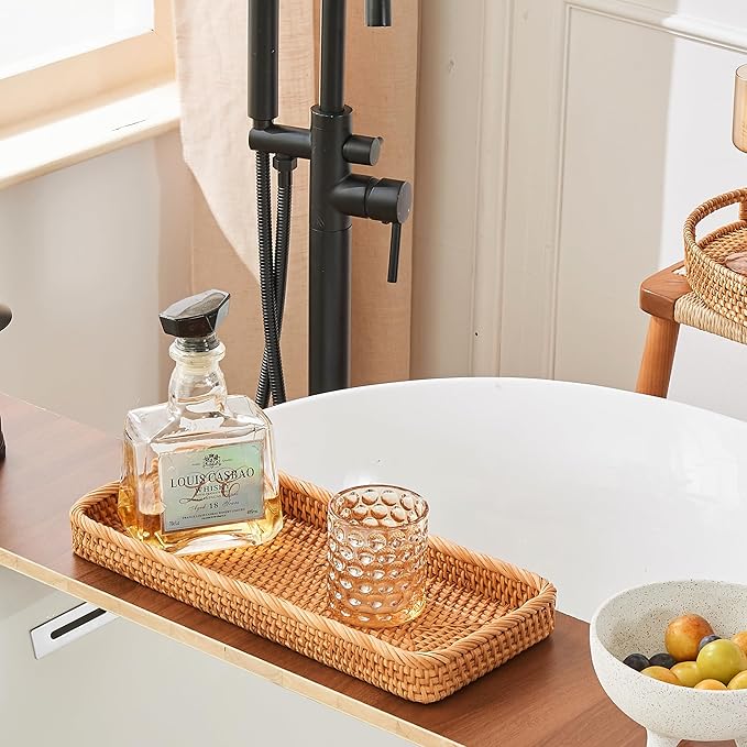 Rectangular Rattan Tray, Long Woven Tray Rectangle Tray, Flat Rattan Serving Tray for Breakfast, Drinks, Snacks(15.75''x6.69''x1.57'')