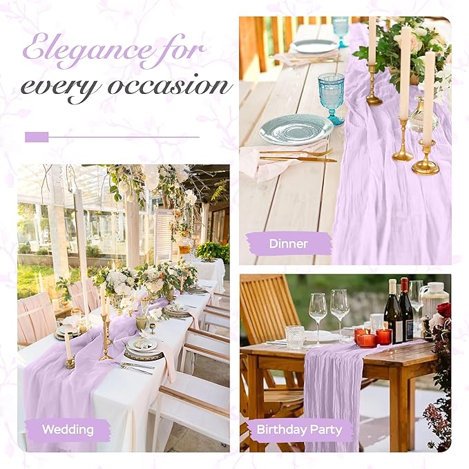 Cheesecloth Table Runner 3 Pack – 35x120 Inch (10ft) Boho Rustic Gauze Cloth Runners – Crinkle Polyester Table Decor for Wedding, Baby Shower, Bridal Shower, Birthday Party and More (Lilac Purple)