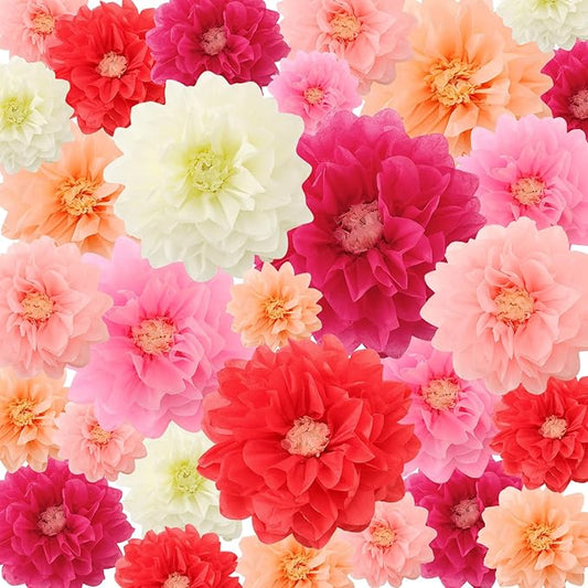 Geyee 18 Pcs Mexican Paper Flowers Colorful Fiesta Tissue Paper Flowers Pom Poms Mexican Carnival for Floral Party Backdrop Wedding Birthday Party Craft, 6" 8" 10"(Pink Series)