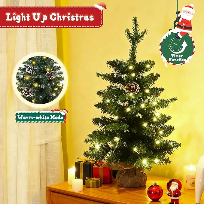 Joyhalo 2ft Small Christmas Tree with Lights Warm White, Pre Lit Table Top Christmas Tree, 61 Branches Mini Xmas Tree with Pine Cones for Room Office Classroom Decoration