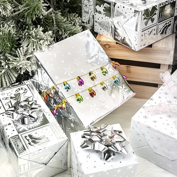 WRAPAHOLIC 30 Inch Silver Christmas Wrapping Paper Roll - Jumbo Roll Silver Snowflakes, Candy Cane Holiday Collection with Metallic Foil Shine - 4 Rolls - 30 Inch x 120 Inch Per Roll