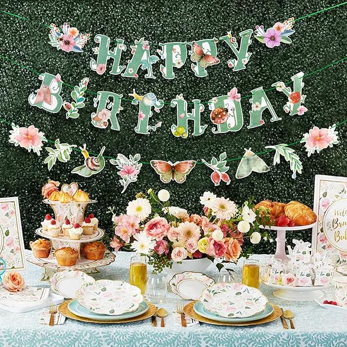 SUNBEAUTY Wildflower Happy Birthday Banner Sage Green Floral Flower Party Decorations Green Butterfly Flowers Banner Summer Spring Butterfly Birthday Party Decorations | Pre-Strung