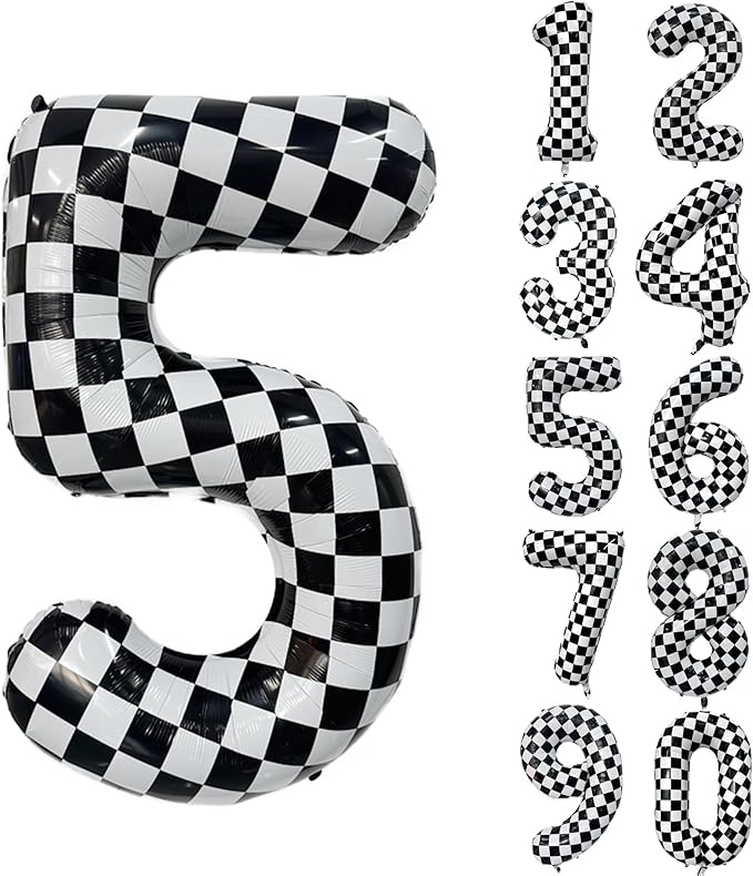 40 Inch Checkered Number Balloon 5 Black and White Number 5 Balloon Foil Helium Balloons for Birthday Party Decoration Girls Boys Baby Shower Anniversary Decoration Race Car Party Decoration