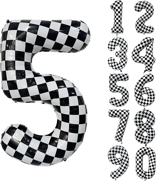 40 Inch Checkered Number Balloon 5 Black and White Number 5 Balloon Foil Helium Balloons for Birthday Party Decoration Girls Boys Baby Shower Anniversary Decoration Race Car Party Decoration