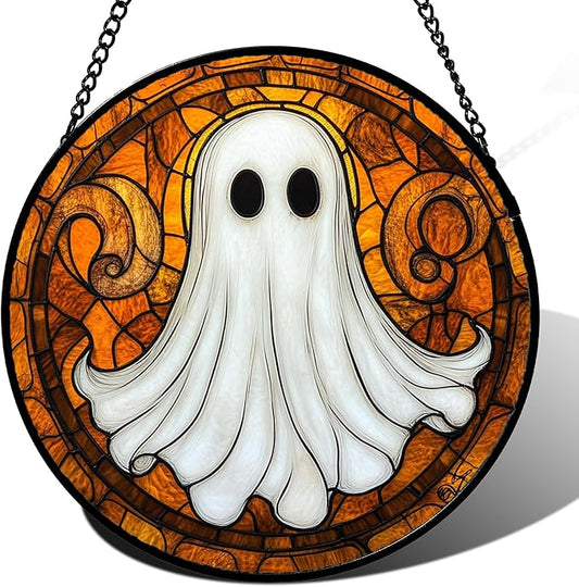 Stained Glass Window Hanging - Halloween Decoration Cute Ghost Suncatcher for Doors Garden Orange Black Spooky Sun Catchers Gothic Decor Horror Gifts for Women Men Friend Boy Girl 9.8 in