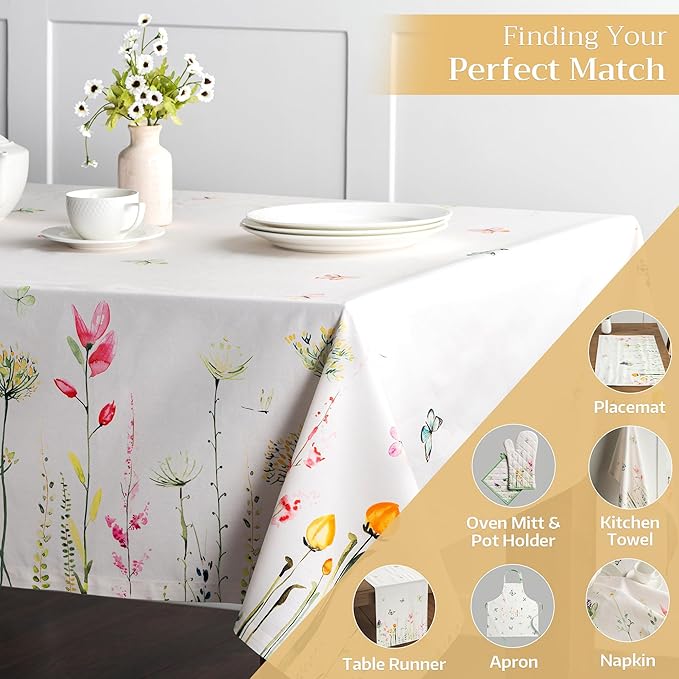 Maison d' Hermine Table Cloth Rectangle Table 100% Cotton 70 x 108 Inches Tablecloth Reusable Decorative for Dining Room, Farmhouse, Home, Party, Festive & Wedding Spring Summer - Botanical Fresh