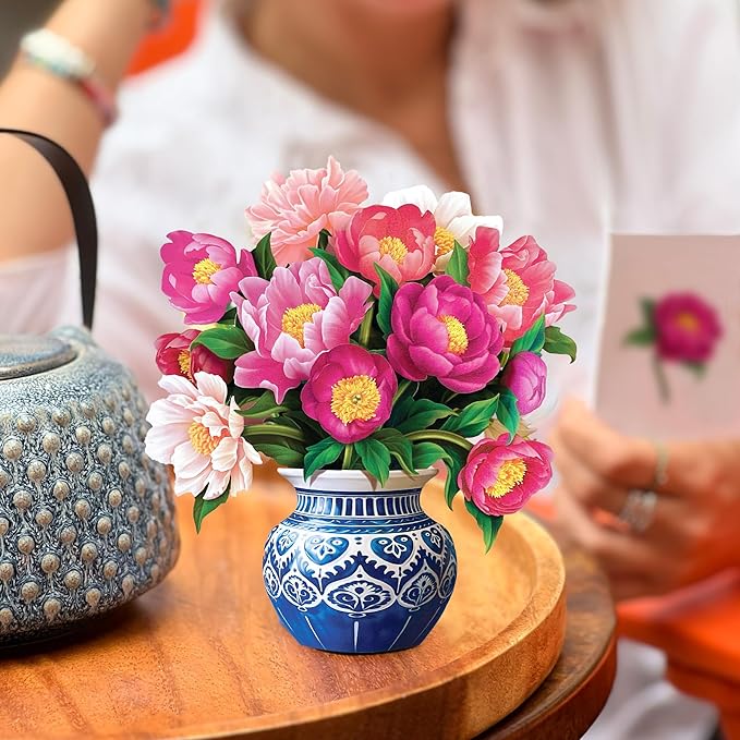 Freshcut Paper Pop Up Cards, Mini Peony Paradise, 6 Inch Mini Sized Forever Flower Bouquet 3D Popup Greeting Cards, Birthday Cards, Thank You Card, Blank Notecard & Envelope