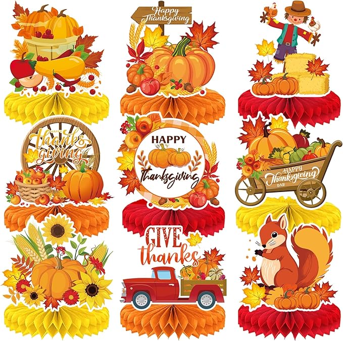 9PCS Thanksgiving Honeycomb Centerpiece Turkey Pumpkin Maple Leaves Honeycomb Thanksgiving Table Centerpiece for Thanksgiving Table Decoration Fall Autumn Theme Birthday Party Supplies