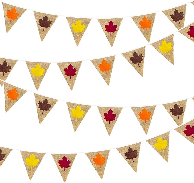 24Ft Fall Burlap Banner Fall Maple Leaves Burlap Pennant Triangle Flag Garland Streamers Vintage Fireplace Wall Hanging for Fall Party Decorations Happy Fall Day Rustic Autumn Birthday Decorations