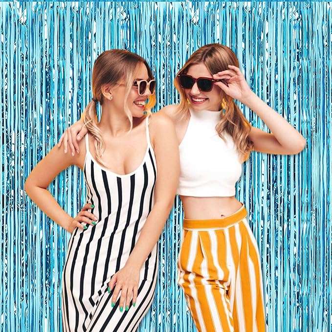 3 Pack Light Blue Foil Fringe Curtains Backdrop, 3.28 x 6.6 Ft Metallic Streamers Tinsel Curtains Background for Photo Booth, Birthday, Halloween, Christmas, Thanksgiving, New Year Party Decorations