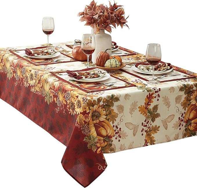 Newbridge Thanksgiving Autumns Bounty Bordered Fabric Tablecloth, 52 x 70 Inch Rectangle, Bountiful Farm Pumpkin Fall Harvest Multicolor Easy Care Table Cloth for Holiday Dining