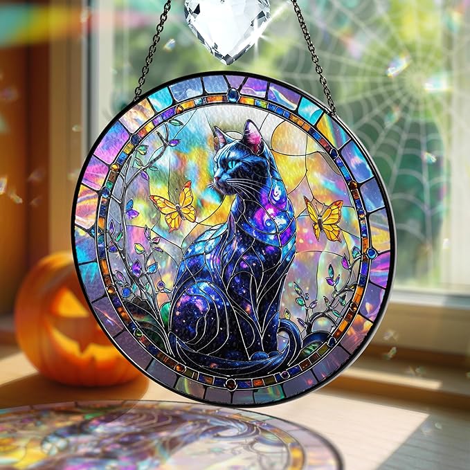 Galaxy Cat Stained Glass Suncatcher, Mystical Gothic Halloween Decoration, Butterfly Sun Catcher Window Hanging, Celestial Crystal Ornament, Halloween, Autumn Spooky Gift for Cat Lovers, Women, Mom