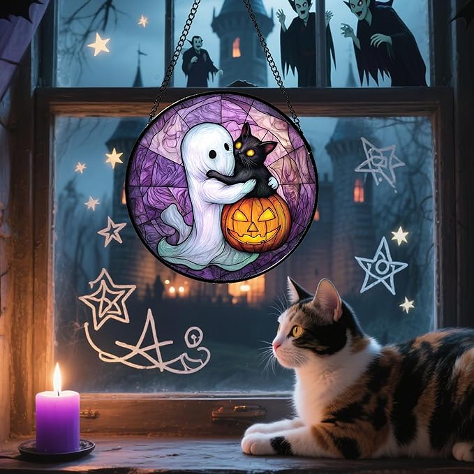 Stained Glass Window Hanging - Halloween Decorations Ghost Black Cat Pumpkin Suncatcher for Door Garden Spooky Purple Sun Catchers Gothic Decor Horror Gifts for Women Men Friend Boy 7.8 in