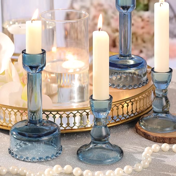Circle Candlestick Holders Bulk, 6 Pcs Blue Combination Candle Holders Set, Crystal Candle Holders for Wedding, Table Centerpiece, Home Decoration