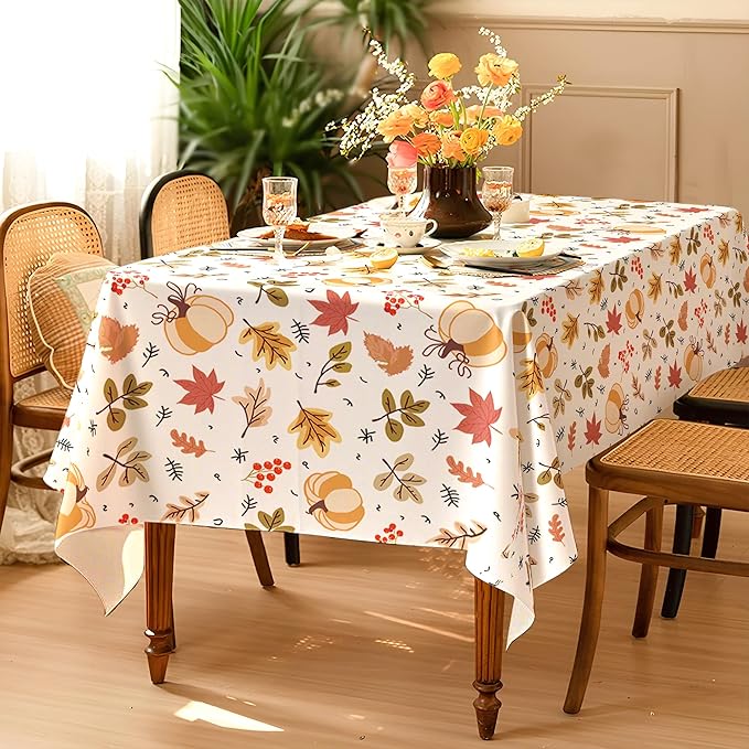 Thanksgiving Waterproof Tablecloth – Fall Harvest Pumpkins, Maple Leaves & Berries Print – Autumn Rectangle Table Cover for Dining or Party, White, W60 x L120 in