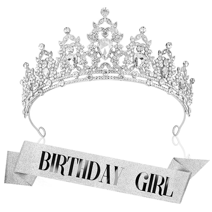 Silver Birthday Crown Headband with Sash for Women - Rhinestone Tiara for Birthday Parties