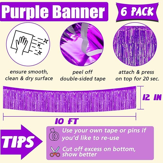 6 Pack 10 Feet Foil Fringe Garland Metallic Tinsel Banner Wall Hanging Curtain Streamers Backdrop for Parade Floats Bachelorette Wedding Birthday Party Thanksgiving Christmas Decorations(Purple)