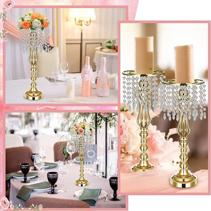 16 Pcs Wedding Centerpieces for Tables, Gold Silver Vase Centerpiece with Chandelier Crystal Metal Flower Stand, Tall Flower Vases for Wedding Party Home Decoration(Gold,21.3)