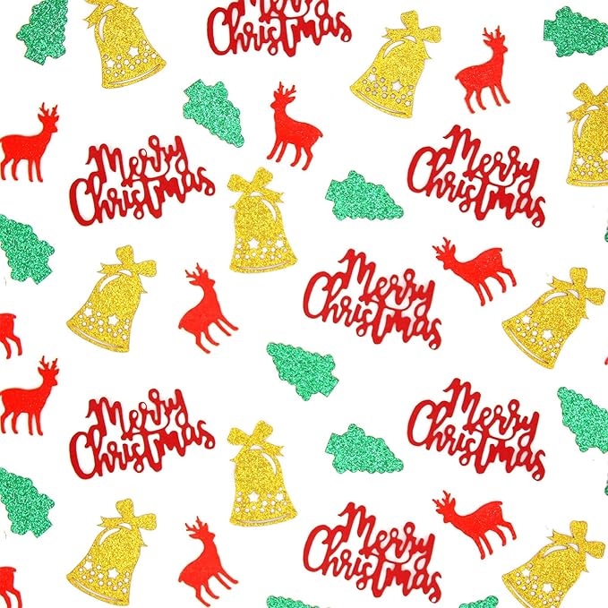 VHUWE Christmas Confetti, 200 Pcs Glitter Gold Bell Red Elk Green Tree Red MerryChristmas for Christmas Table Centerpiece Decorations Birthday Winter Holiday Party Décor - Glitter Paper
