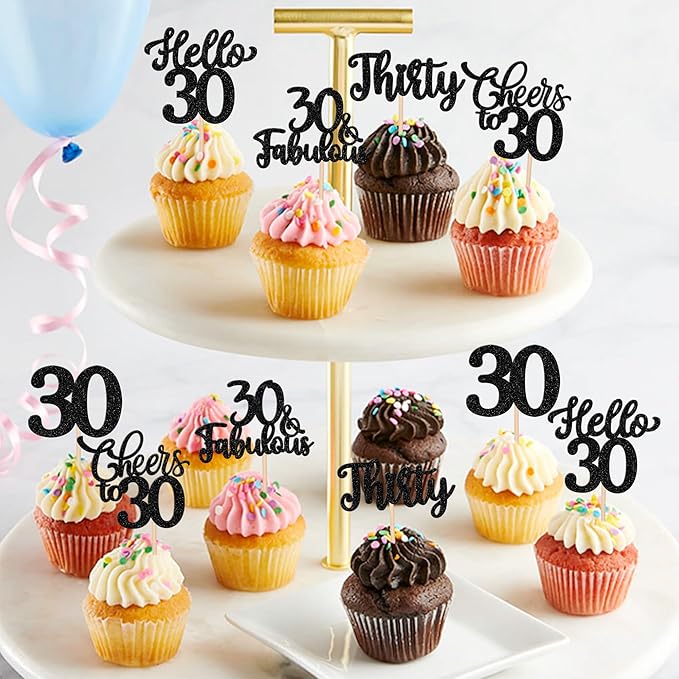 30PCS Happy 30th Birthday Cupcake Toppers Glitter Thirty Cheers to 30 Years Old Birthday Cupcake Picks Hello 30 Fabulous Cake Decorations for Happy 30th Birthday Anniversary Party Supplies Black