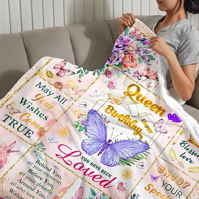 Happy Birthday Gifts for Women, Super Soft Funny Purple Butterfly Flower Bday Decorations Blanket 50"x40" for Women Mom, Birthday Gifts for Girls, Warm Plush Fleece Flannel Blanket for Couch Bedding