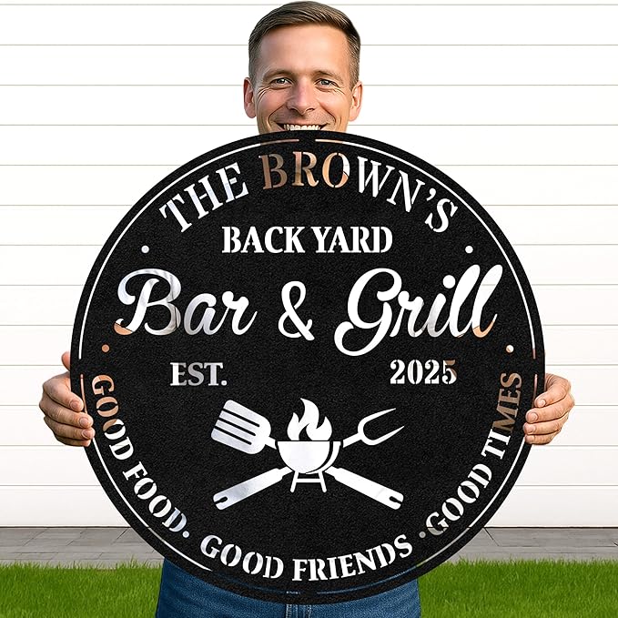 Custom BBQ Grill Metal Sign Personalized Name Wall Art for Outdoor Barbecue Patio Kitchen Backyard Decor Gift for Dad Husband Men Papa Grandpa Father Grilling Enthusiasts Family Lover Funny Gifts 67